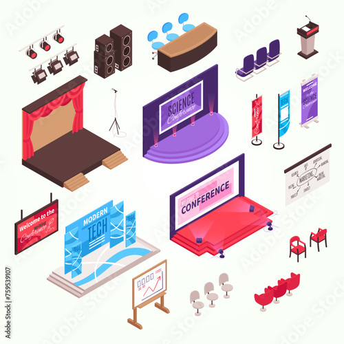 Isometric conference hall stage presentation tribune set with isolated tribunes seats advertising flags and lightning equipment