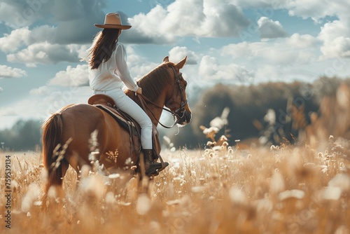 Woman riding a horse on paddock, horsewoman sport wear photo