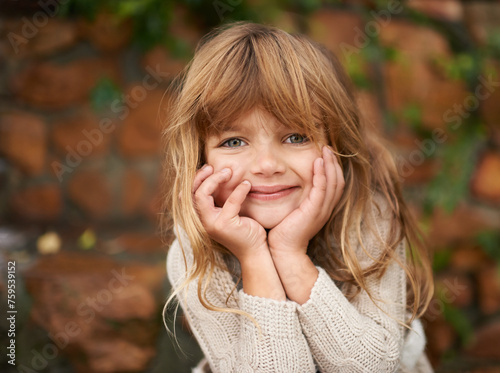 Portrait, happy and girl child in garden for learning, fun or playing in on vacation, break or holiday in nature. Face, smile and kid in park for adventure, travel or trip outdoor, playful or explore