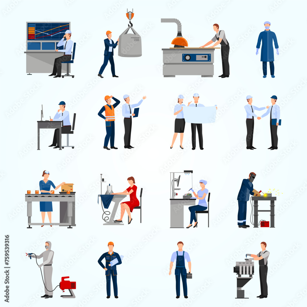 Icons set of drawn in flat style different factory workers