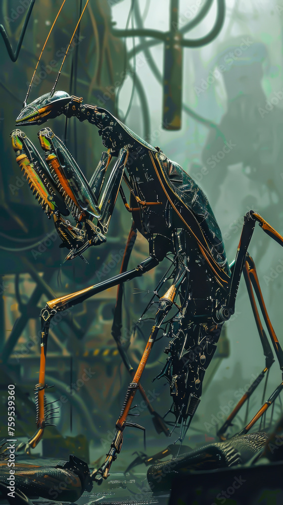 A mechanical mantis moving its forelegs in response to screen swipes, mobile phone wallpaper