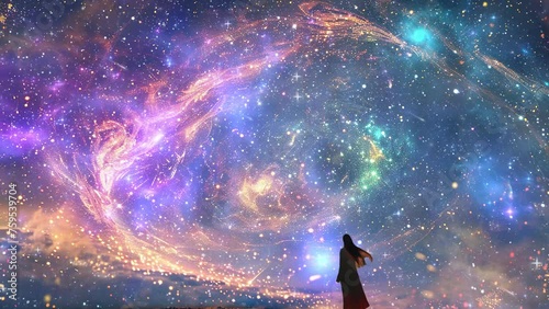amidst the celestial tapestry a lone woman. seamless looping overlay 4k virtual video animation background photo