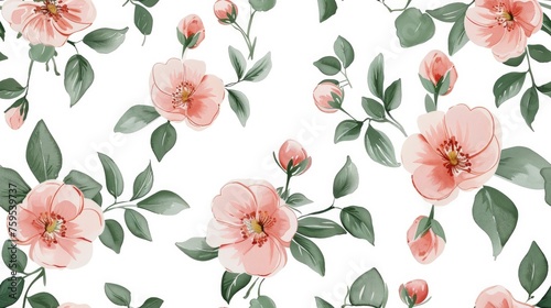 Repeating Pattern of Medium-Sized Leaves and Simple Flowers on White Background