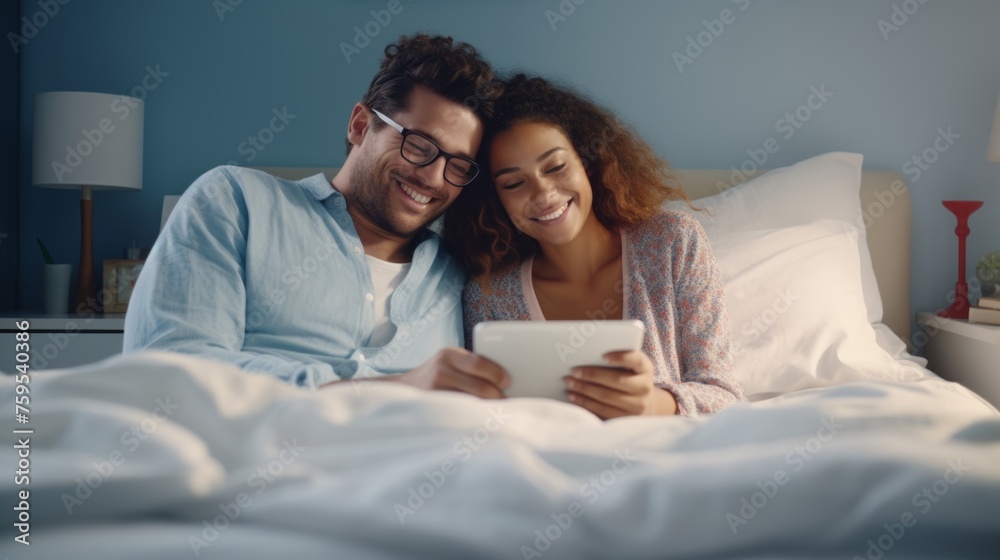 Couple in bed with a tablet, enjoying a cozy moment in a warmly lit bedroom Couple in bed with a tablet, enjoying a cozy moment in a warmly lit bedroom