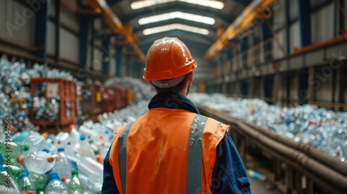 Recycling plant worker overseeing plastic bottle processing  © Media Srock
