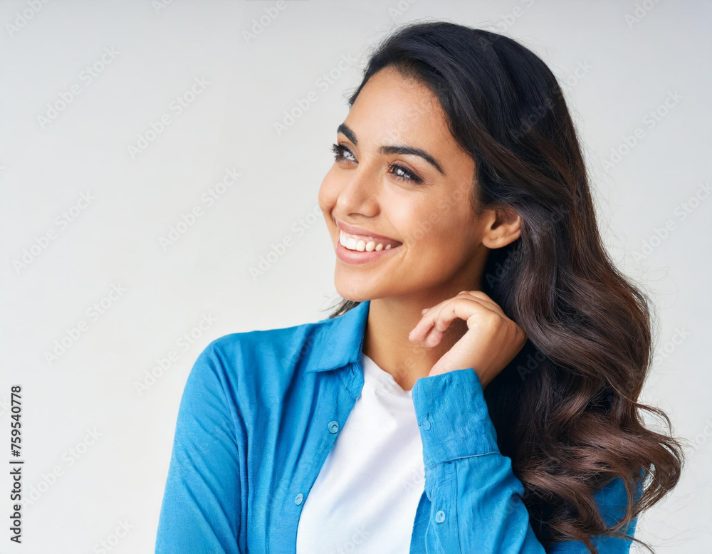 portrait of beautiful young smiling woman looking aside copyspace empty on white background portrait of beautiful young smiling woman looking aside copyspace empty on white background
