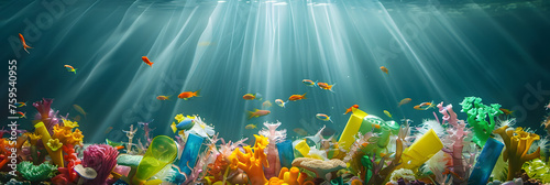 areial underwater photo reef made out of plastic bottes platic toys plastic sculpture, backdrop misty underwater with rays photo
