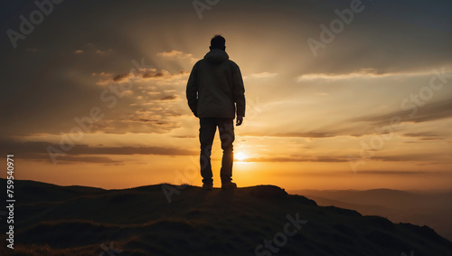 Ein Mann betrachtet alleine den Sonnenuntergang von einem Hügel: Ein Moment der Stille
