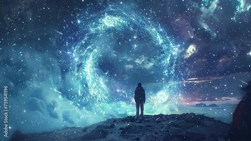 a man standing in front of cosmic panorama. amidst the cosmic panorama a lone man. seamless looping overlay 4k virtual video animation background photo