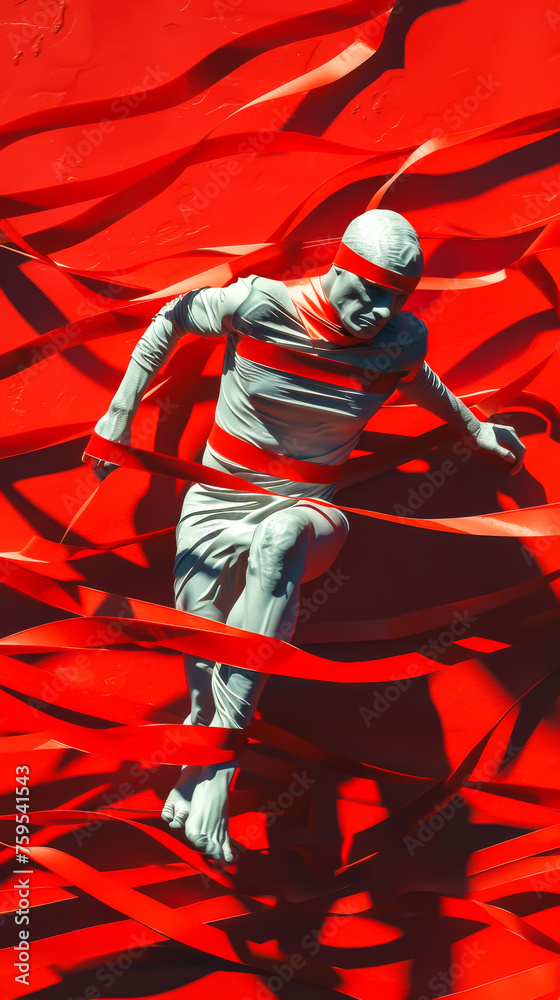 A figure struggling to run, tied up in red tape, mobile phone wallpaper A figure struggling to run, tied up in red tape, mobile phone wallpaper