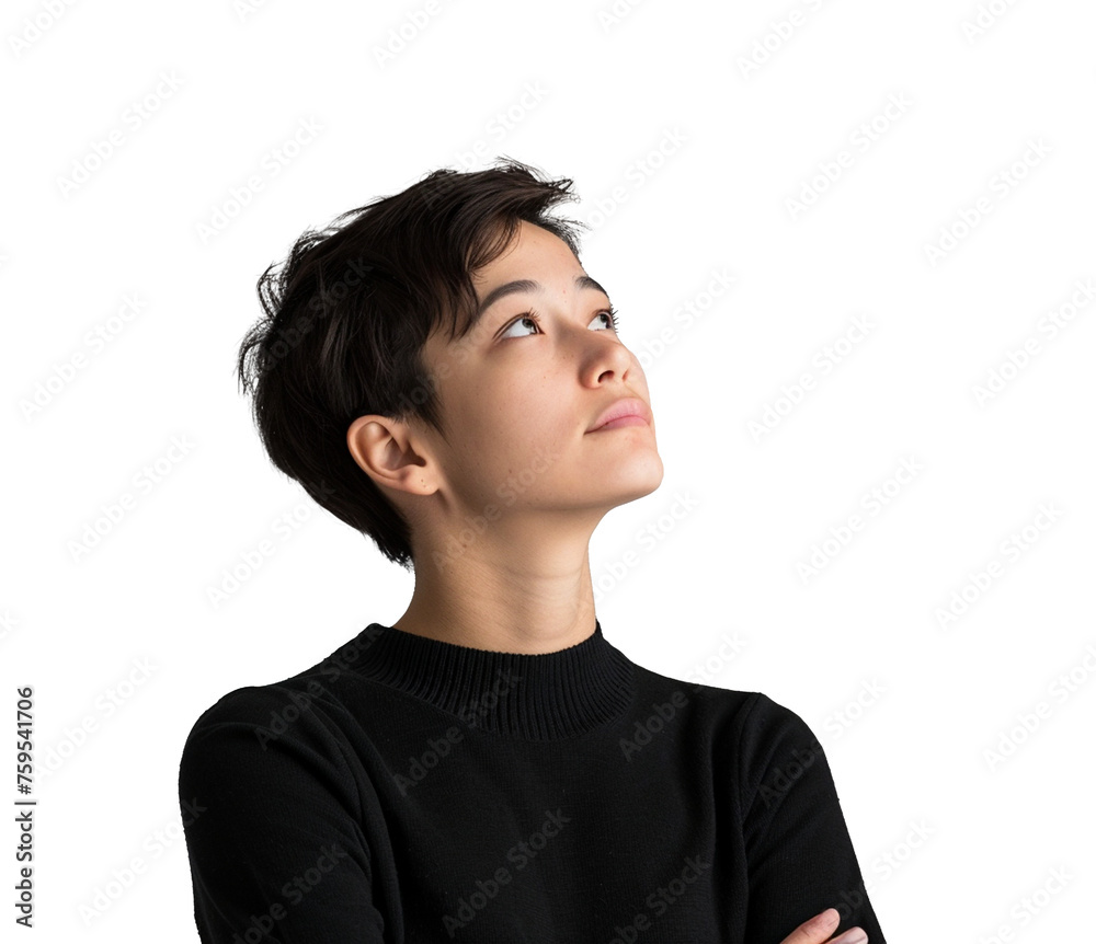 Portrait of young woman with arms folded, wearing white T-shirt, looking upwards, isolated on transparent background. Portrait of young woman with arms folded, wearing white T-shirt, looking upwards, isolated on transparent background.