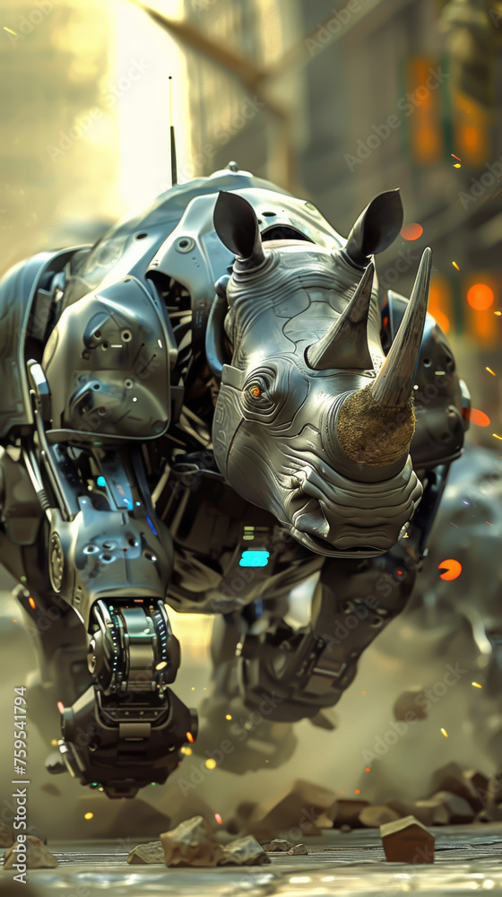 Fototapeta premium A robotic rhino charging across the screen, its speed increasing with each screen tap, mobile phone wallpaper