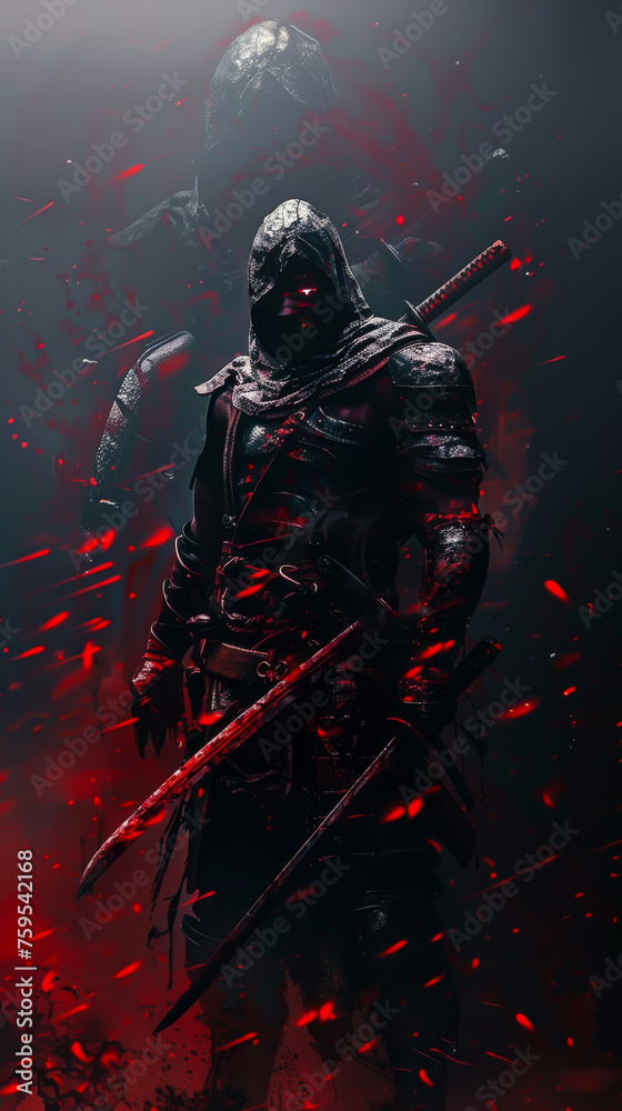 Naklejka premium A warrior emerging from the shadows, rendered in a dramatic lighting style, mobile phone wallpaper