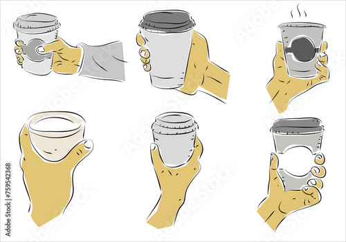Hand holding a cup of coffe. Hand Drawn Style