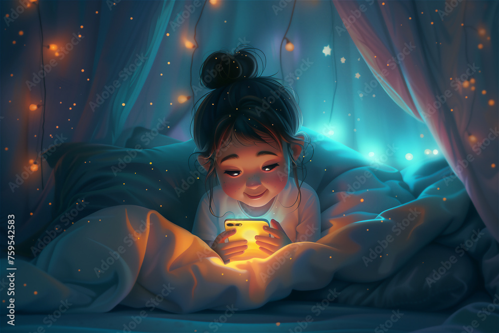 Dessin cartoon petite fille qui regarde ou joue avec son téléphone portable le soir allongée sur son lit, addiction à la lumière bleue, interdit - obrazy, fototapety, plakaty 