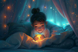 Dessin cartoon petite fille qui regarde ou joue avec son téléphone portable le soir allongée sur son lit, addiction à la lumière bleue, interdit