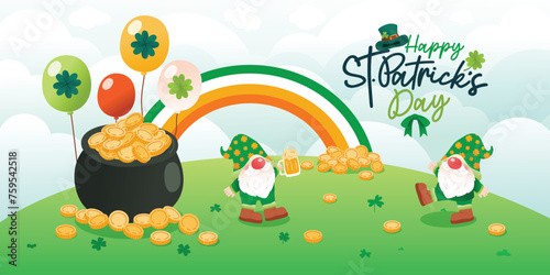 Cheerful Gnomes With Pot of Gold And Rainbow Celebrate Saint Patrick s Day  Vector  Illustration