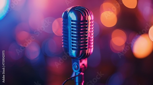 Retro microphone on stage with a bright background blurred in bokeh