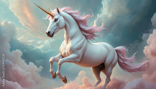 Fantasy Illustration of a wild unicorn Horse. Digital art style wallpaper background in pastel colors. photo