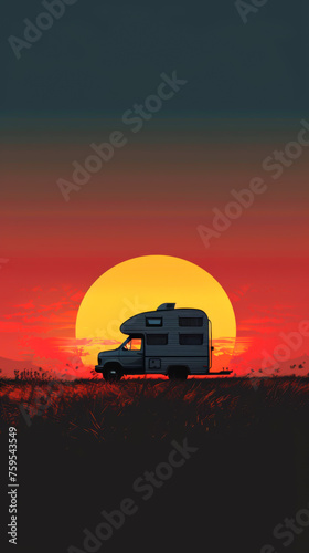Nomadic Vista unfold in a traveler's tranquility, as a caravan silhouette paints a serene panorama on your mobile backdrop, mobile phone wallpaper © VicenSanh