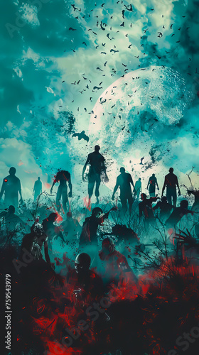 A horde of zombies against a post-apocalyptic backdrop, depicted in a watercolor landscape style, mobile phone wallpaper
