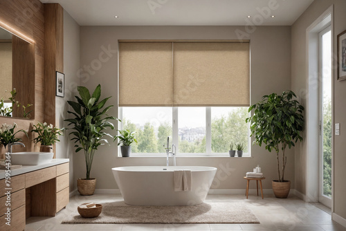 Beige blackout roller blind on windows in stylish modern bathroom. Shutters on the plastic window.