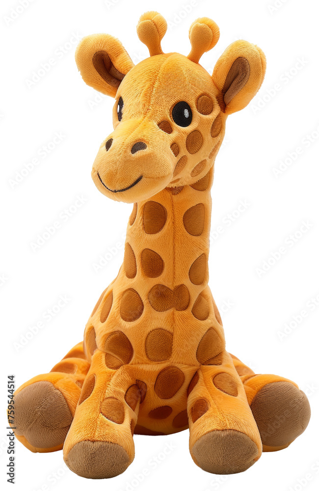 Giraffe plush toy with long neck and patterned fur, cut out - stock png. Giraffe plush toy with long neck and patterned fur, cut out - stock png.
