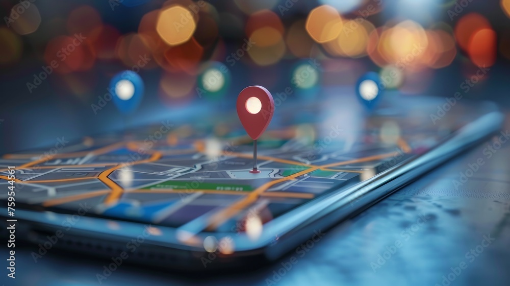 Smartphone with Map, GPS, navigator pin checking points - obrazy, fototapety, plakaty 