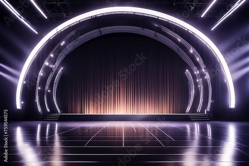 Stage with spotlights for concerts, dance floor, neon light