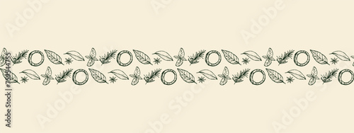 Set of spices Horizontal seamless eco banner. Vegetarian food sketch, hand drawn illustration. Banner of Healthy food, proper nutrition. Onion rings, thyme, cloves, basil, bay leaf.