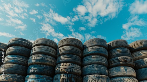 Stacked used car tires against blue sky 