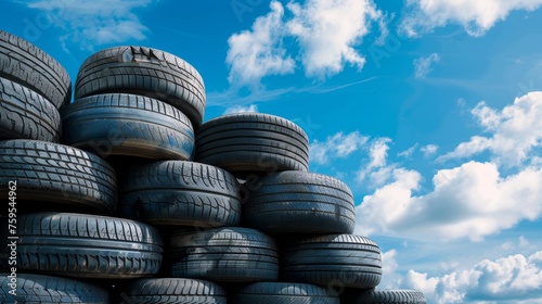 Stacked used car tires against blue sky 