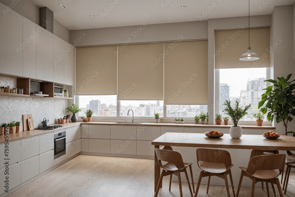 Beige blackout roller blind on windows in stylish modern kitchen. Shutters on the plastic window.