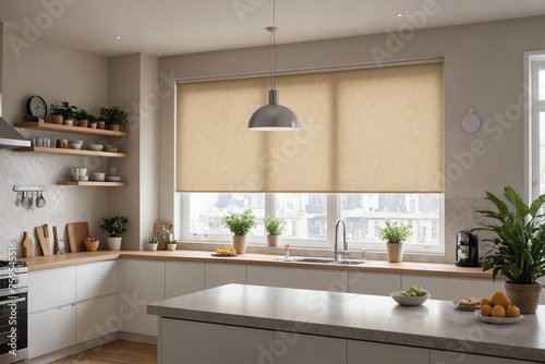 Beige blackout roller blind on windows in stylish modern kitchen. Shutters on the plastic window.