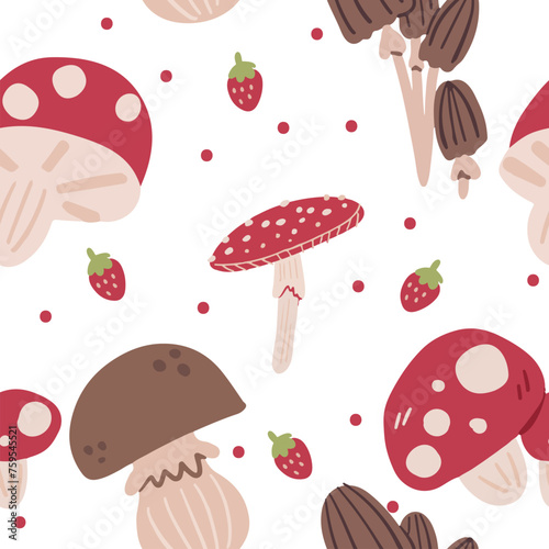 Cute Seamless Pattern Fall Mushroom Trees House Strawberry
