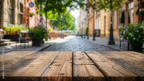The empty wooden table of city street