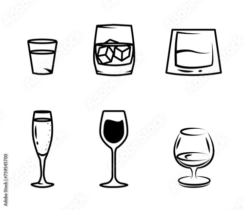 Set of cocktails and alcoholic drinks. Sketches of various drinks. Set of alcoholic cocktails in glasses of different shapes. Drinks in different types of vintage glasses.