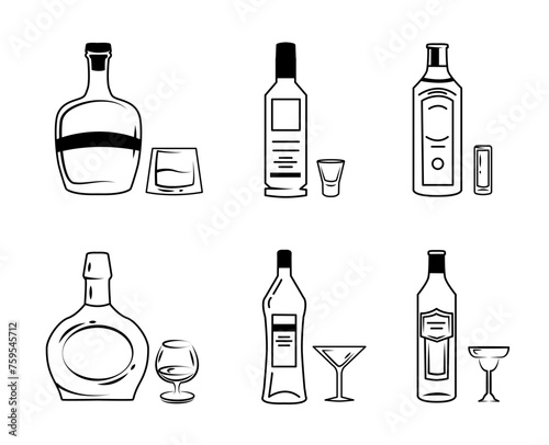 Bottles for alcohol doodle set. Hand drawn set of alcoholic drinks. Bottle of rum, cognac, tequila, whiskey. Beverage illustration, ink sketch. Collection of hand drawn various shapes of glass bottle