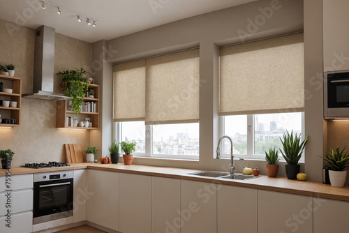 Beige blackout roller blind on windows in stylish modern kitchen. Shutters on the plastic window.