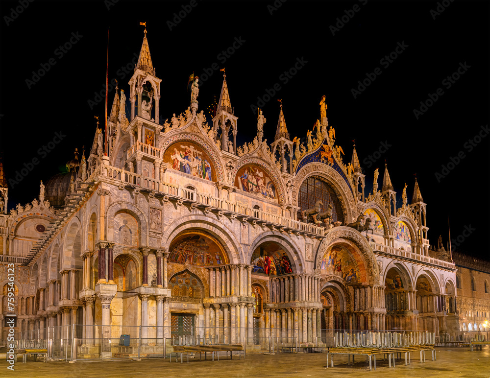 Saint Mark's Basilica at night in Venice, Italy