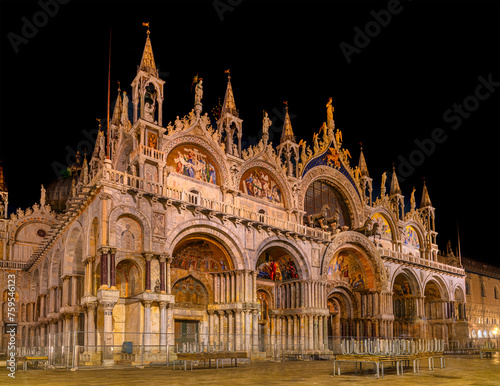 Saint Mark's Basilica at night in Venice, Italy