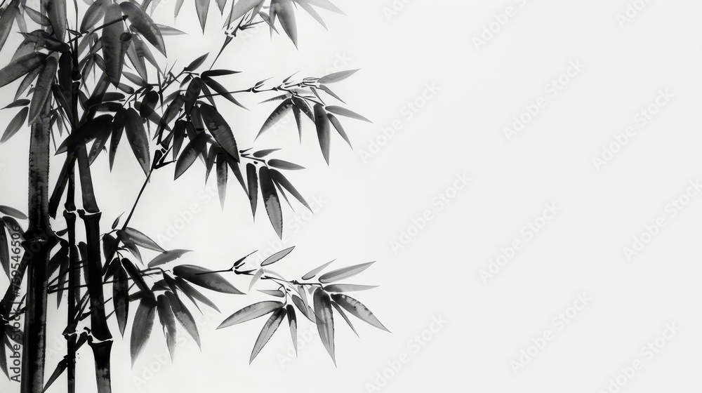 Tranquil bamboo trees in black and white painting Tranquil bamboo trees in black and white painting