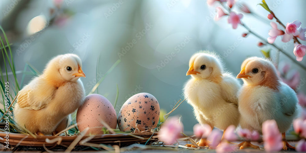 Two yellow chicks in nest with Easter eggs Easter greeting card, 
