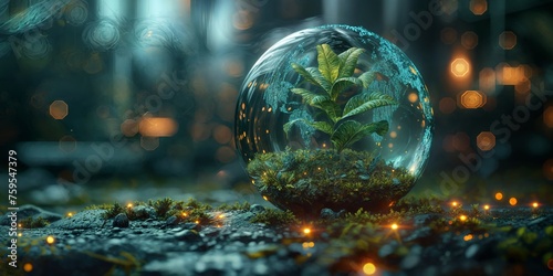 3d rendering of green planet earth moss growing on it, bokeh background. Green technology concept for environment protection or global network connection
