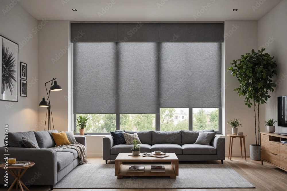Gray blackout roller blind on windows in stylish modern living room. Shutters on the plastic window.