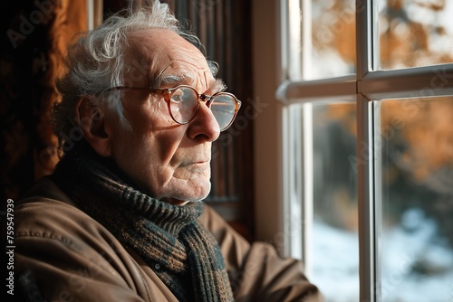 Contemplative senior man looking through window at home