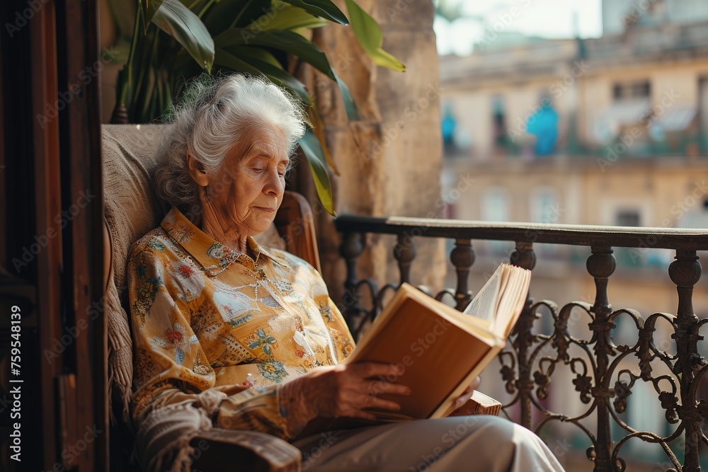 Elderly woman reading book while sitting in chair at balcony