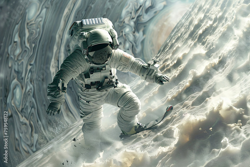 Astronaut in a spacesuit skiing on snowy slopes. Outer space exploration and winter sports fusion concept. Sci-fi sports adventure for design and poster. Action shot with motion blur and copy space