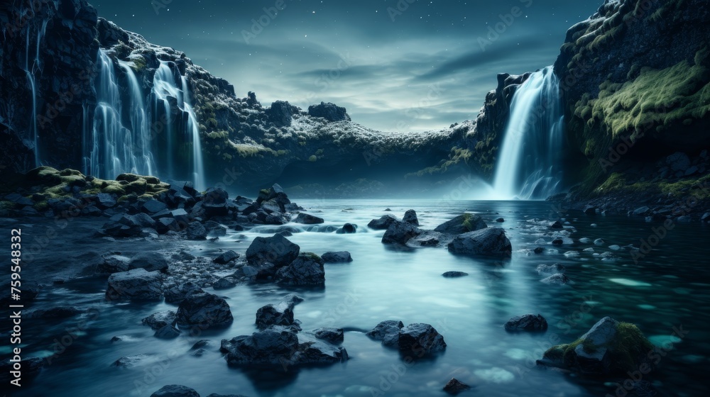 View of amazing waterfall under stars