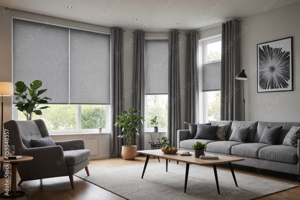 Fototapeta premium Gray blackout roller blind on windows in stylish modern living room. Shutters on the plastic window.